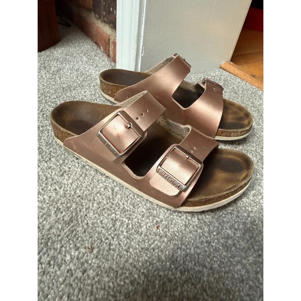 Birkenstock Arizona Metallic Copper Rose Gold Two Strap Sandals kids 34 3-3.5